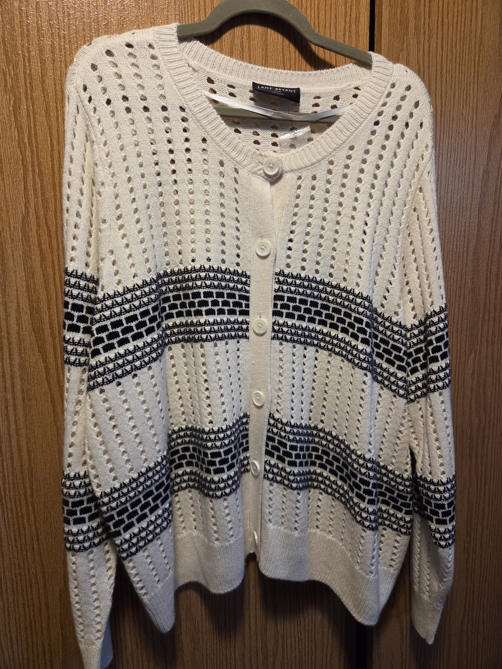 Lane Bryant Cream Button-Front Openwork Cardigan with Black Stripe Pattern
